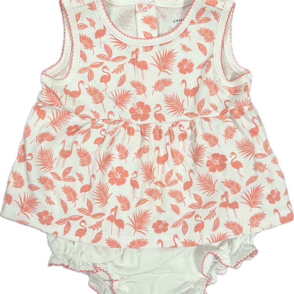 Janie and Jack White & Coral Flamingo Print Dress and Bloomer Set NWOT 3-6 Mos - Picture 2 of 8